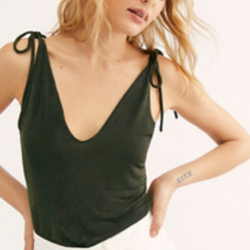 Free People Olive Green Tie Shoulder Tank Top M